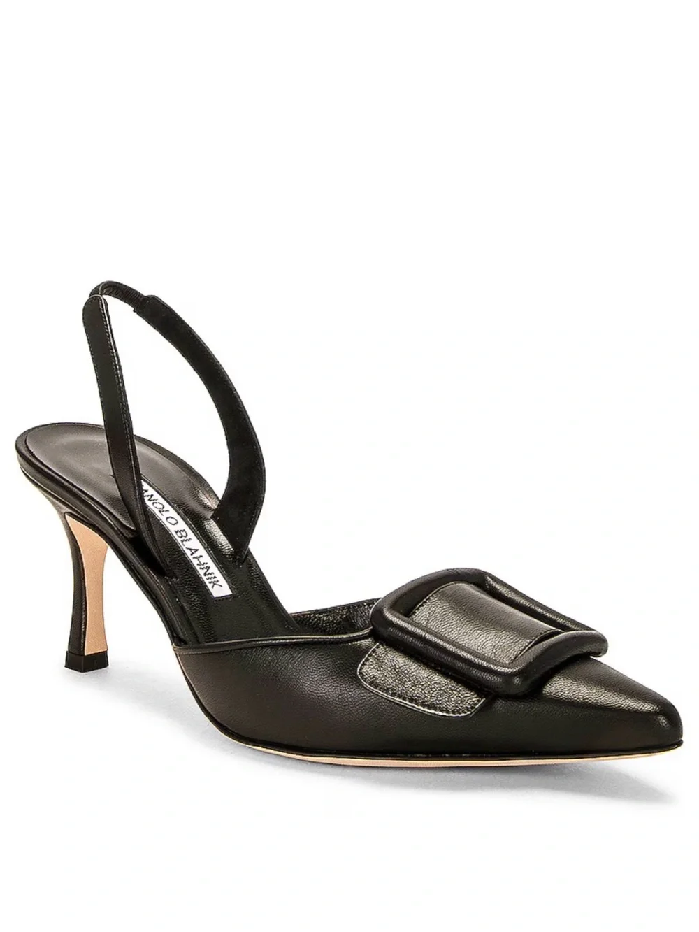 Manolo Blahnik Black Leather Maysli Nappa 70 Slingback